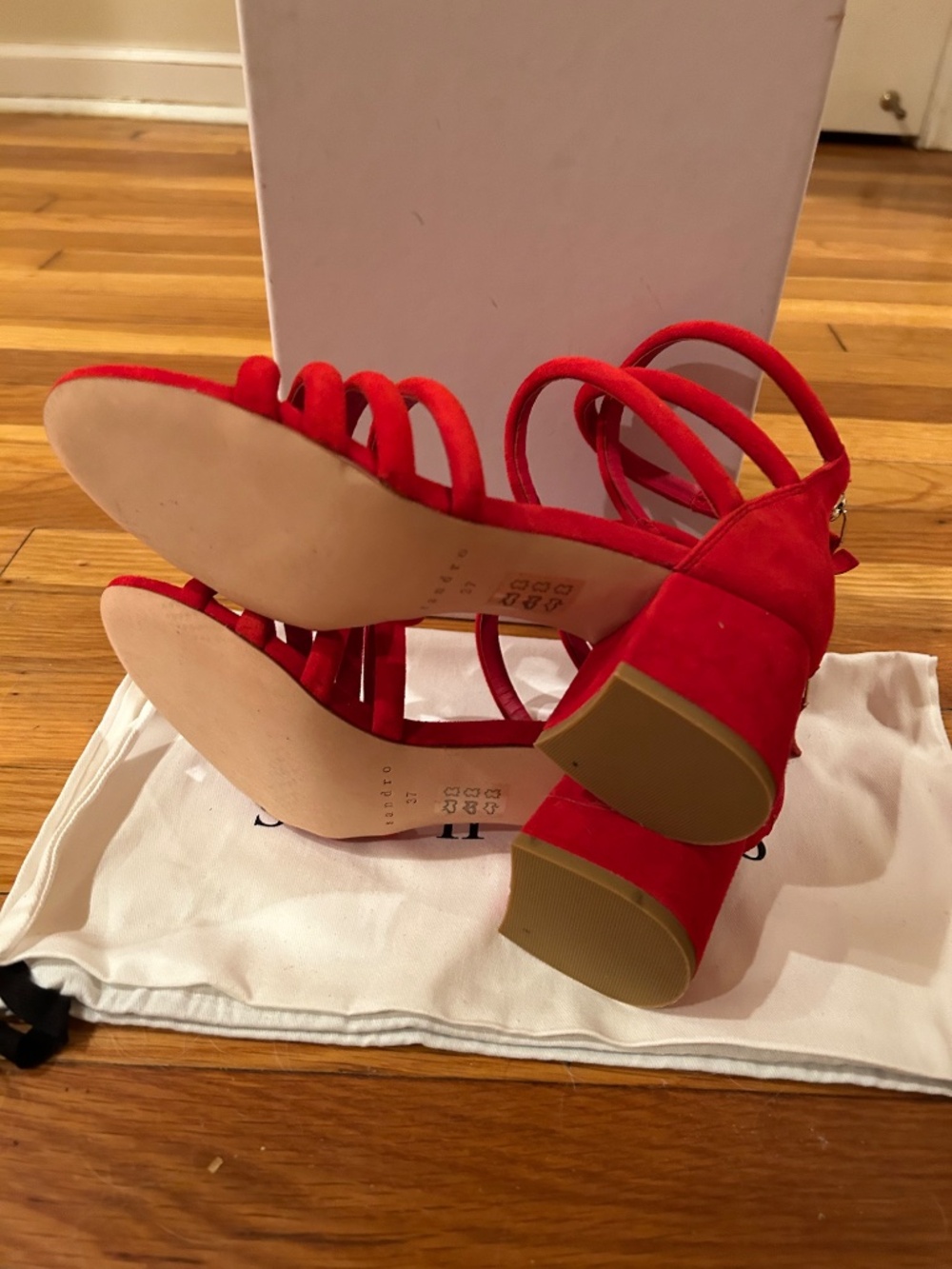 SANDRO Tessa Red Suede Caged Chunky Heel Sandals - Picture 5 of 6